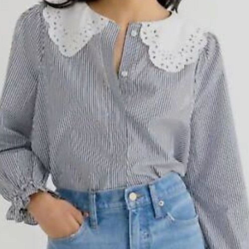 J. Crew Black and White Striped Blouse with Eyelet Collar